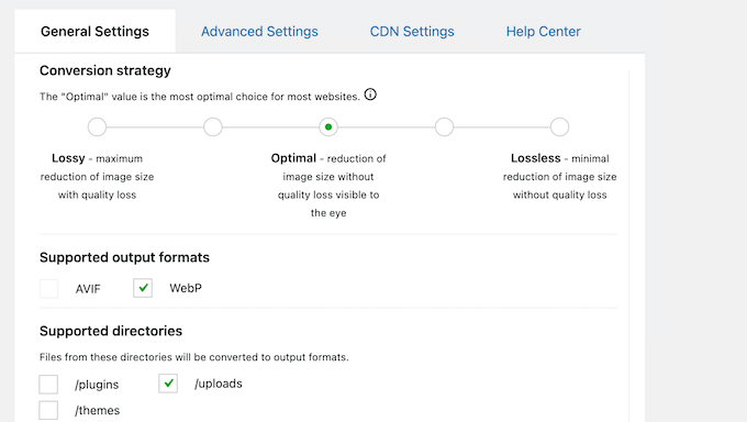 [Screenshot: a CMS or image CDN settings panel showing automatic WebP/AVIF conversion enabled]