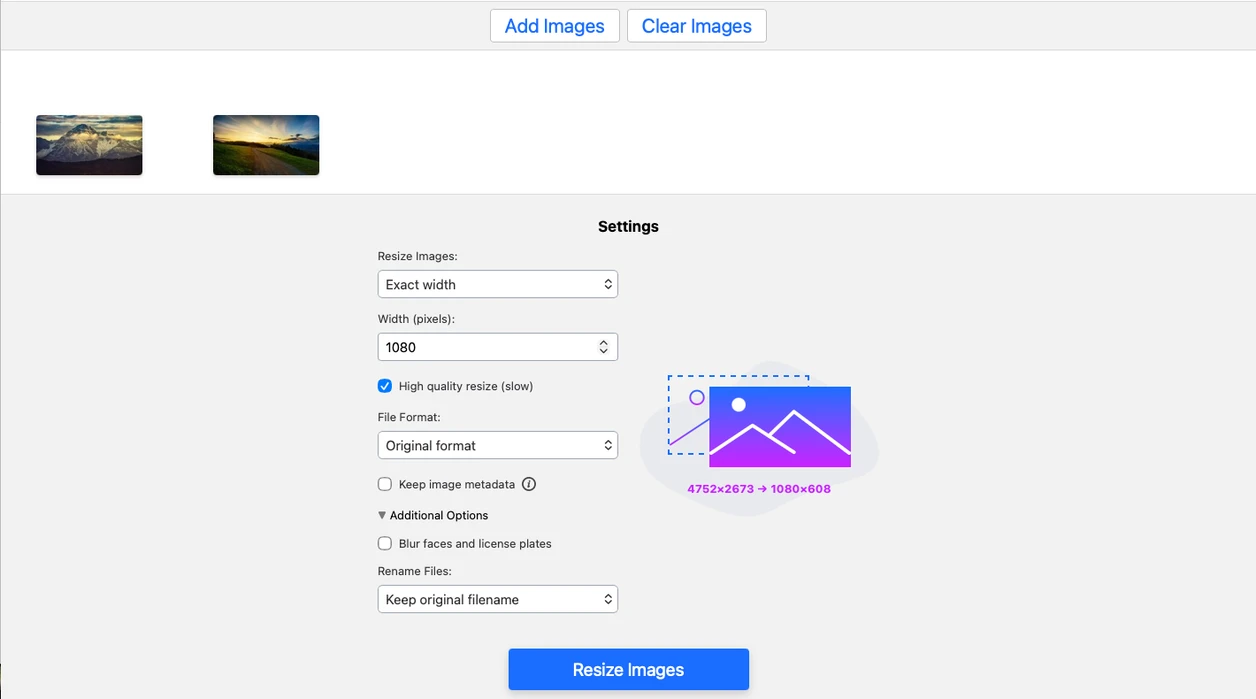 [Screenshot: the Smart Resize tool interface showing a batch of images being resized with a max-width setting]