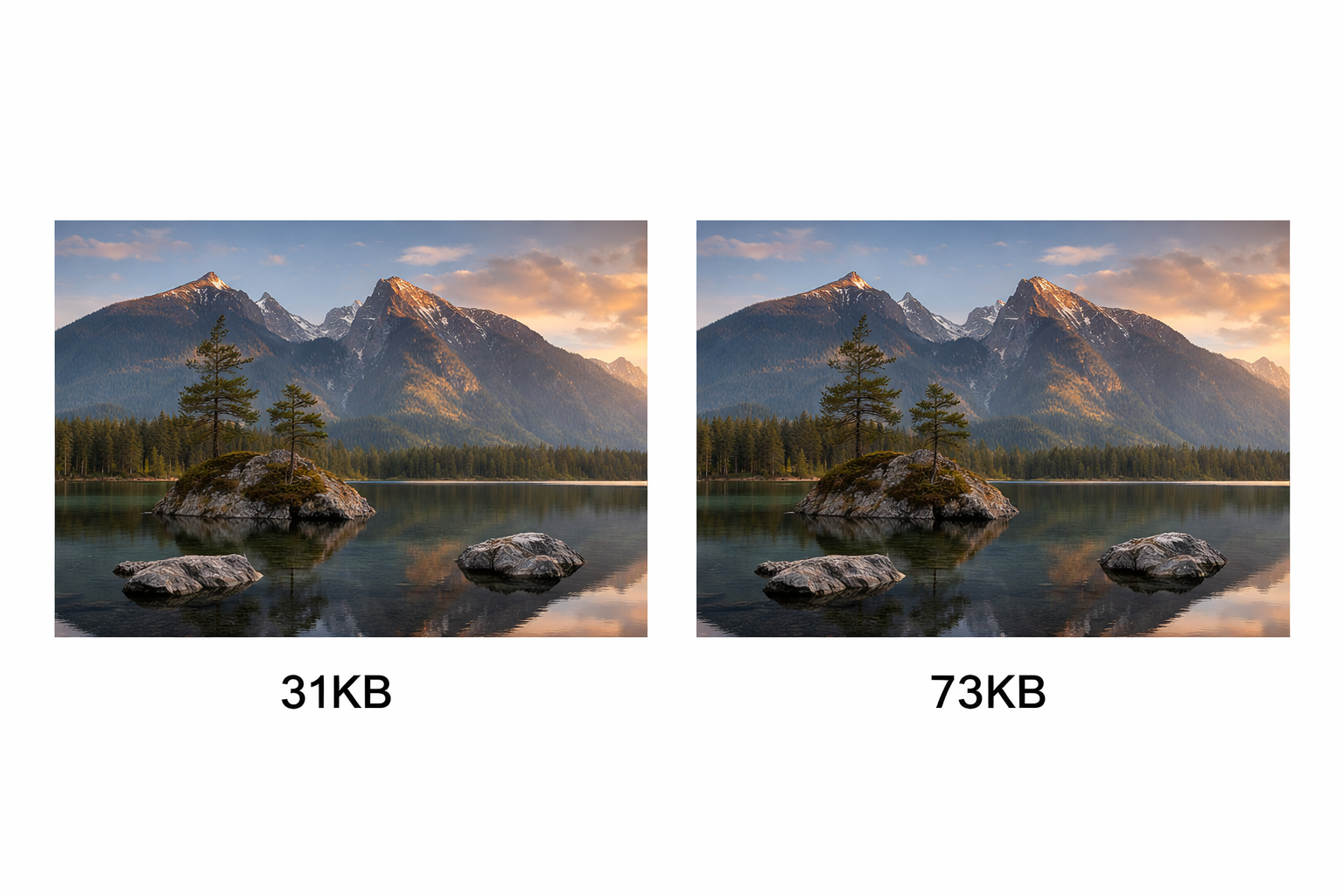 [Screenshot: two versions of the same image side by side, one labeled &ldquo;31KB&rdquo; and the other &ldquo;73KB,&rdquo; looking identical]