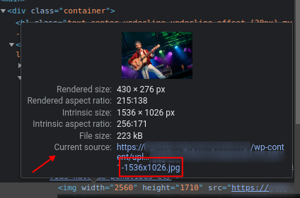 [Screenshot: viewing the page source of a WordPress blog post and seeing srcset attributes automatically added to image tags]