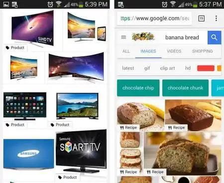 [Screenshot: Google mobile image search results showing recipe badges, product badges, and video badges on different image thumbnails]
