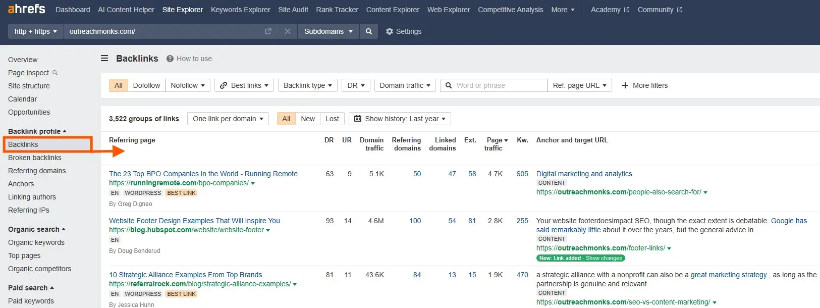 [Screenshot: a backlink analysis tool showing results filtered for URLs ending in .jpg, with referring domains and link targets visible]