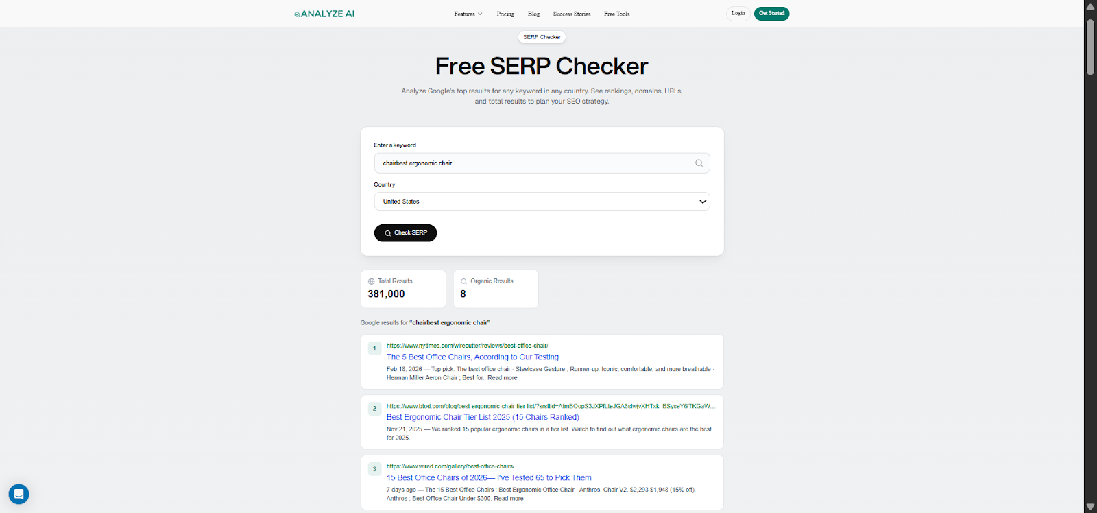 [Screenshot: Analyze AI SERP Checker showing the top 10 results for a &ldquo;best [product]&rdquo; keyword, with domain authority scores visible]
