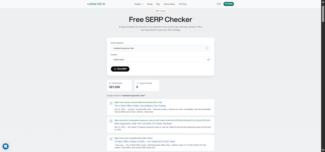 [Screenshot: Analyze AI SERP Checker showing the top 10 results for a &ldquo;best [product]&rdquo; keyword, with domain authority scores visible]
