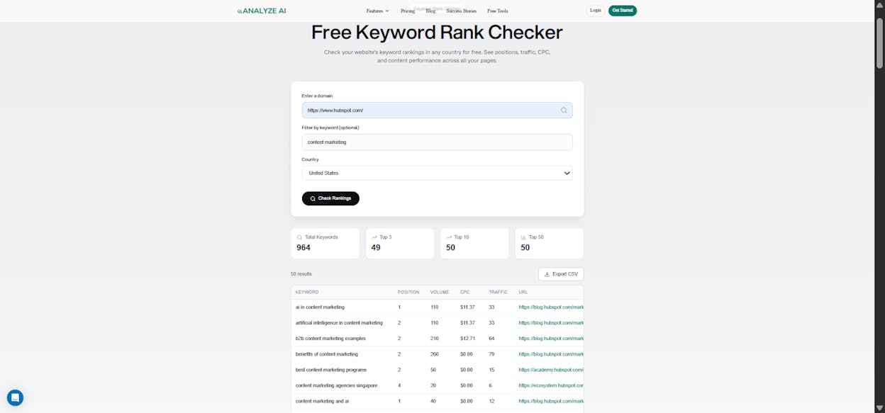 [Screenshot: Keyword Rank Checker showing current ranking positions for tracked keywords]