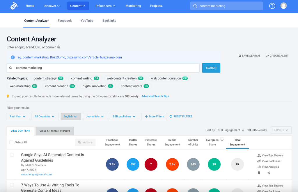 [Screenshot: Content Explorer or BuzzSumo search for &ldquo;[niche keyword] infographic&rdquo; showing results filtered to the last 12 months]