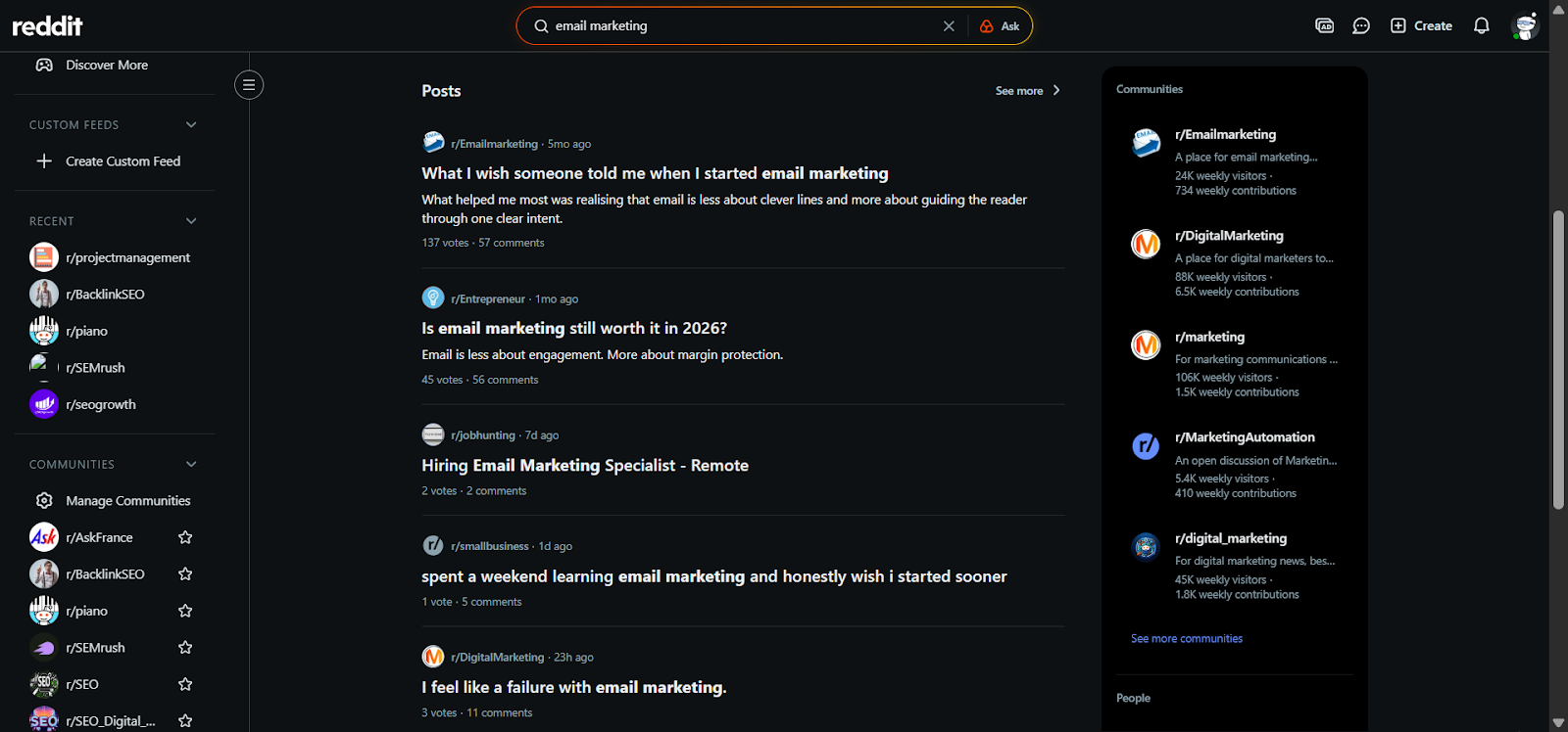 [Screenshot: Reddit search results for a niche topic, showing specific thread titles that could translate to long-tail keywords]