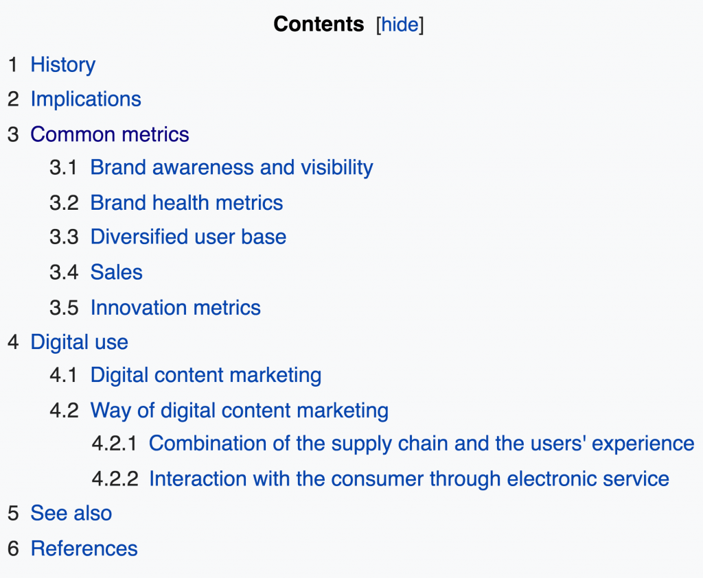 [Screenshot: Wikipedia article table of contents for a broad topic, showing detailed sub-sections that map to potential long-tail keywords]