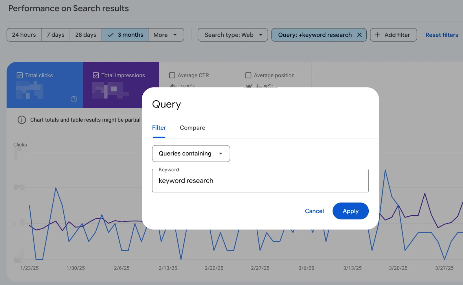 [Screenshot: Google Search Console showing two URLs from the same site ranking for the same query, with position fluctuations visible in the chart]