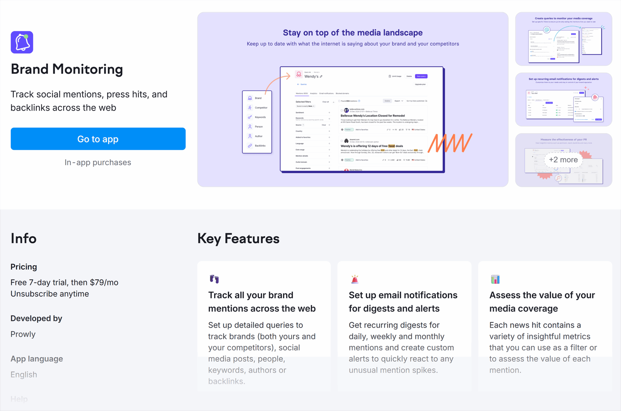 [Screenshot: Brand monitoring tool showing unlinked brand mentions across the web, with domain authority and publication date visible]