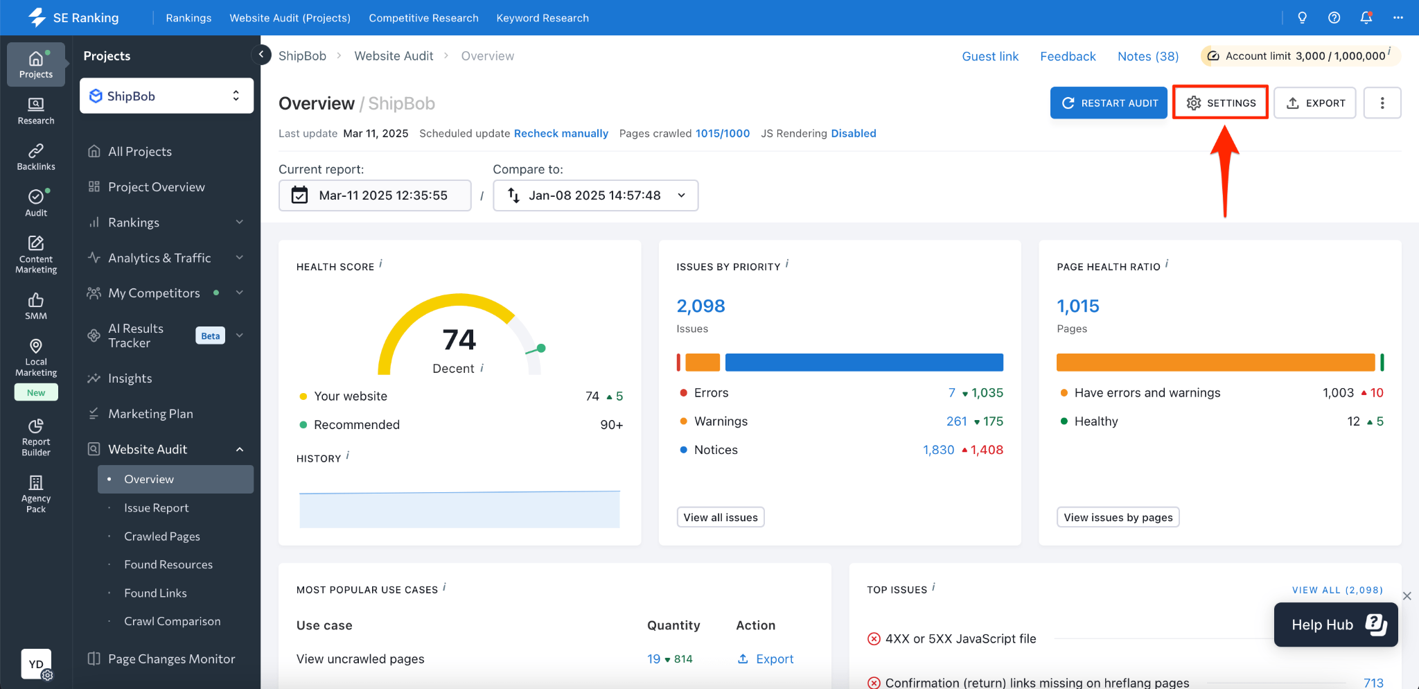 [Screenshot: Site audit tool showing a prioritized list of technical issues categorized by severity&mdash;errors, warnings, and notices]