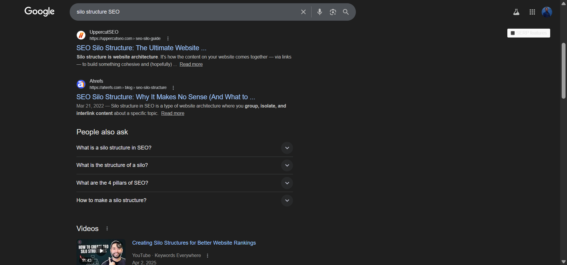 [Screenshot: Google search results for &ldquo;silo structure SEO&rdquo; showing many articles endorsing the approach]