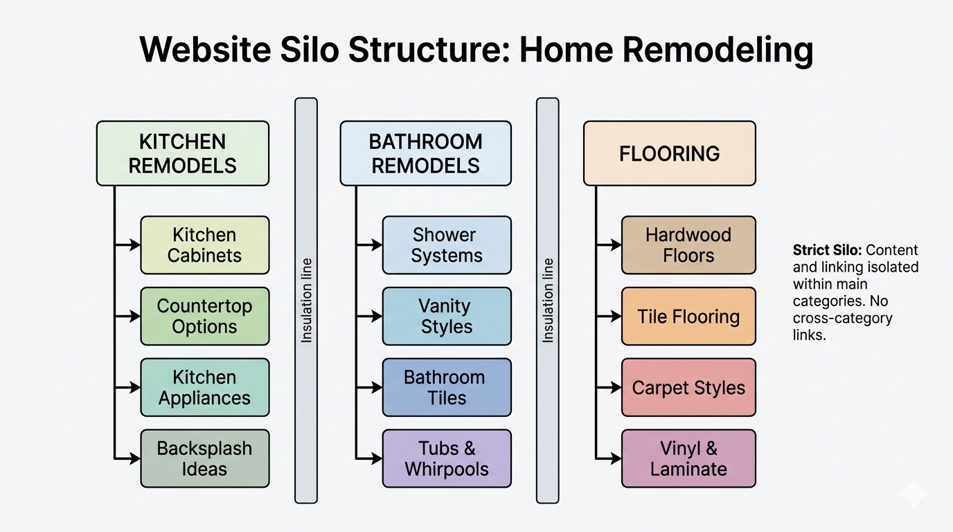 [Screenshot: Flowchart showing three silos&mdash;Kitchen Remodels, Bathroom Remodels, Flooring&mdash;each with supporting pages, and no cross-links]