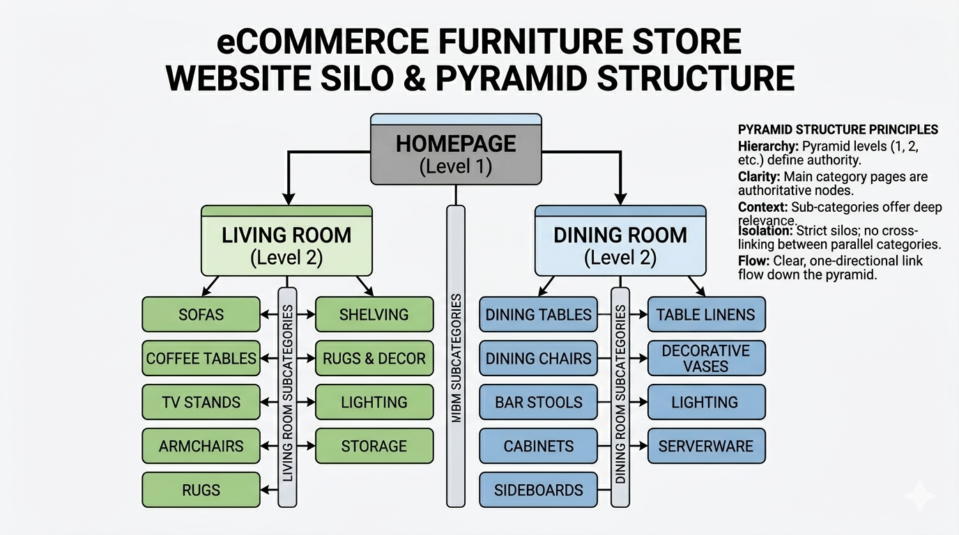 [Screenshot: Flowchart showing pyramid structure&mdash;Homepage at top, then &ldquo;Living Room&rdquo; and &ldquo;Dining Room&rdquo; categories, each branching to subcategories like &ldquo;Sofas,&rdquo; &ldquo;Coffee Tables,&rdquo; &ldquo;Dining Tables,&rdquo; &ldquo;Chairs&rdquo;]