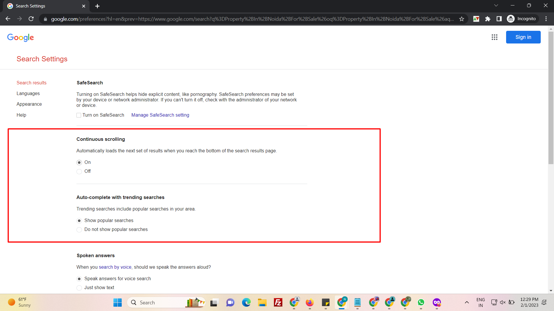 [Screenshot: Google search settings page showing how to set results per page to 100]