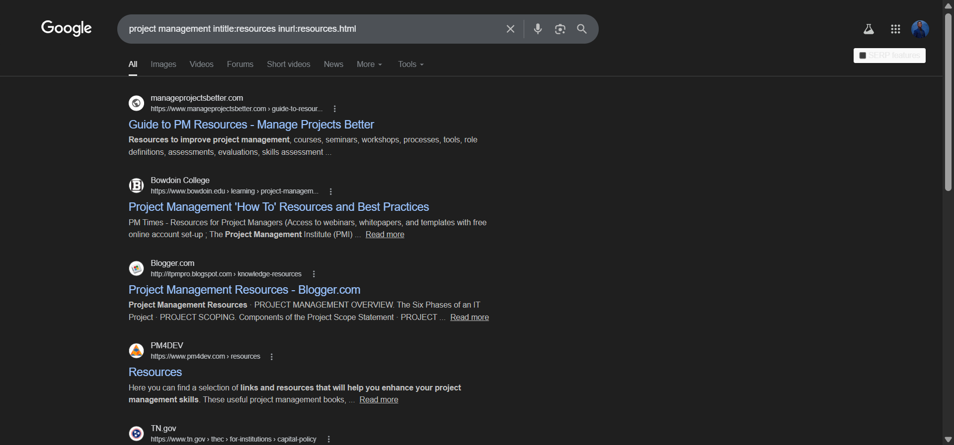 [Screenshot: Google search results showing resource pages for &ldquo;project management intitle:resources inurl:resources.html&rdquo;]