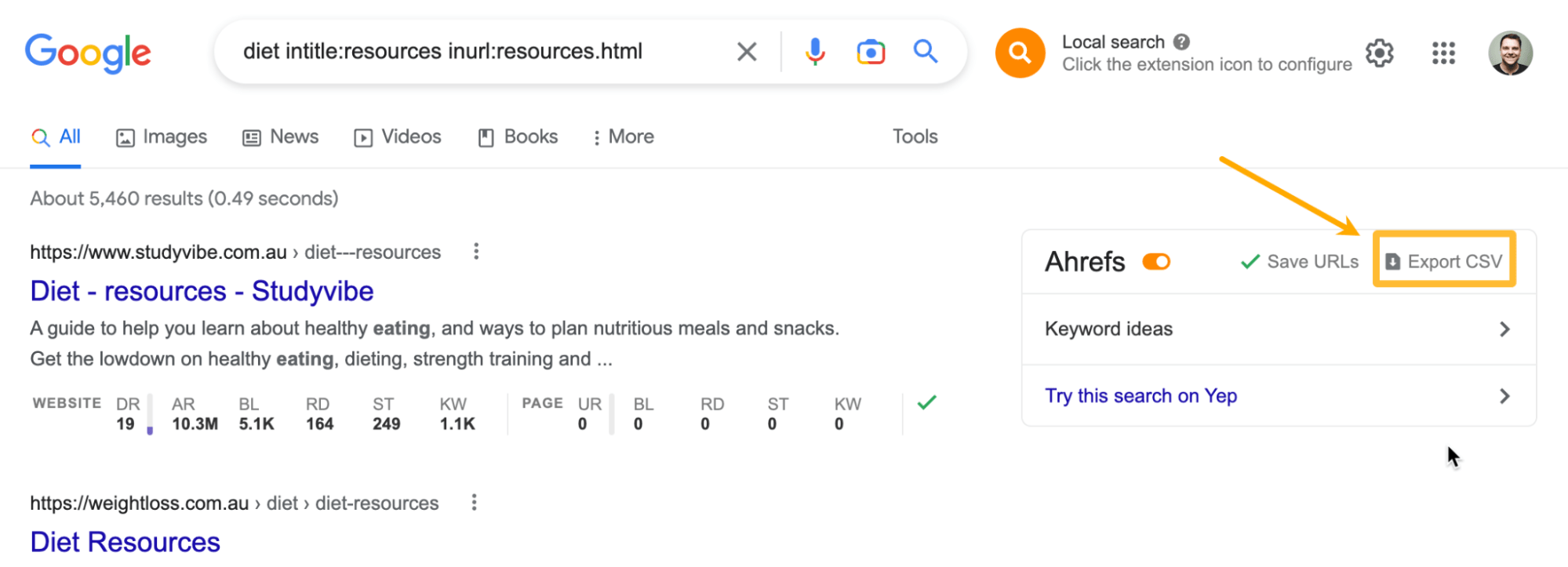 [Screenshot: SEO toolbar overlay on Google search results showing DR, traffic metrics, and the &ldquo;Export CSV&rdquo; button]