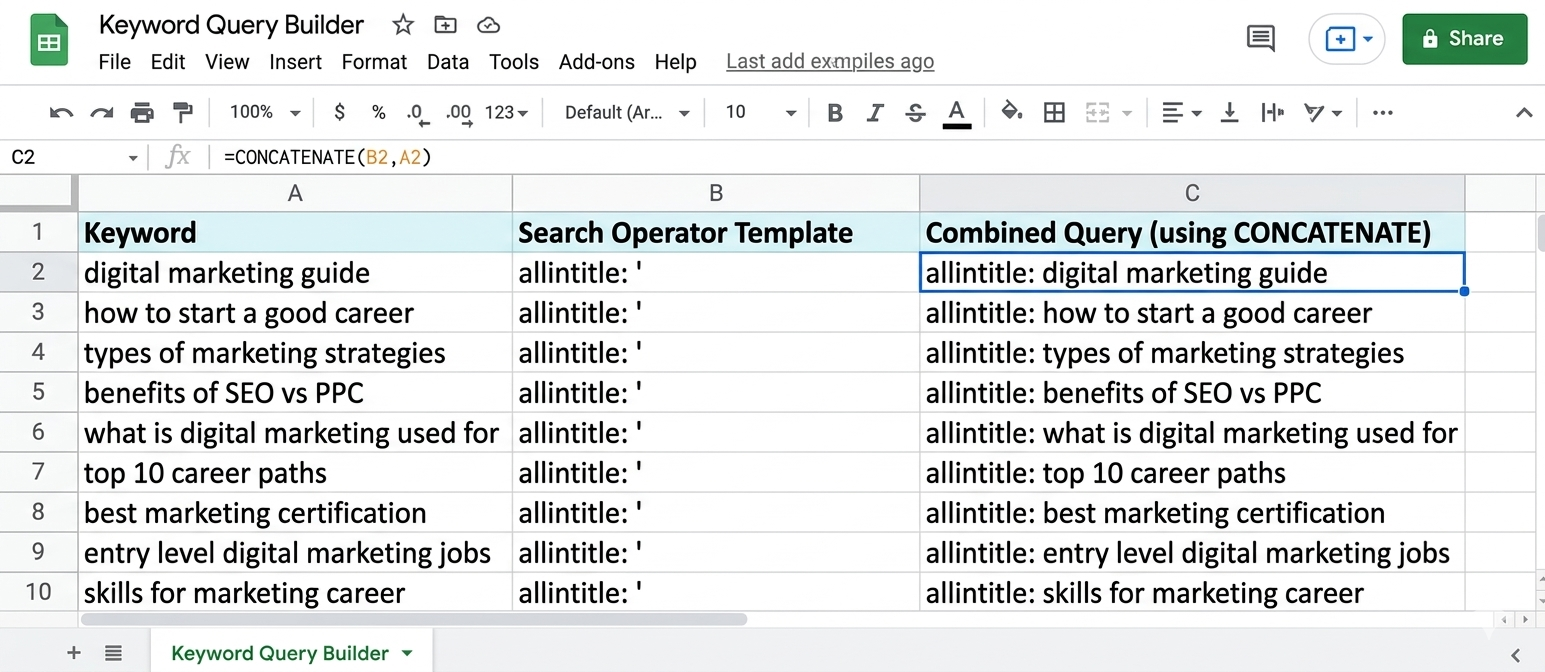 [Screenshot: Google Sheet showing a list of keywords in column A, search operator templates in column B, and combined queries in column C using CONCATENATE]