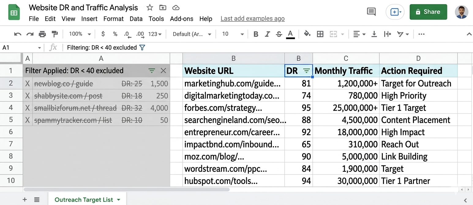 [Screenshot: Spreadsheet with columns for URL, DR, and Traffic &mdash; showing rows being filtered to remove low-DR sites]