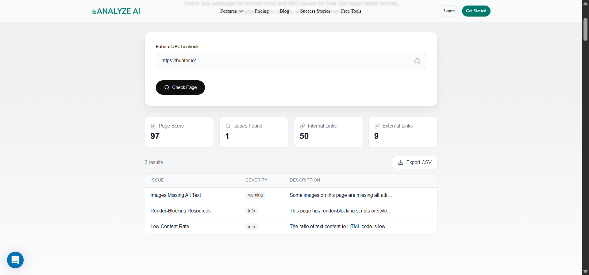 [Screenshot: Analyze AI Broken Link Checker showing results for a resource page with several broken outgoing links]