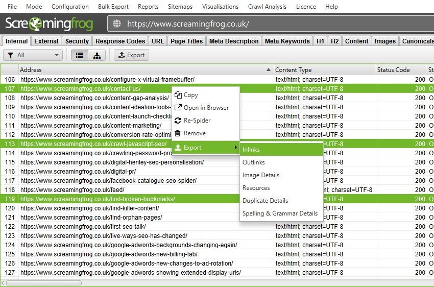 [Screenshot: Screaming Frog crawl results showing outgoing links from a batch of resource pages]