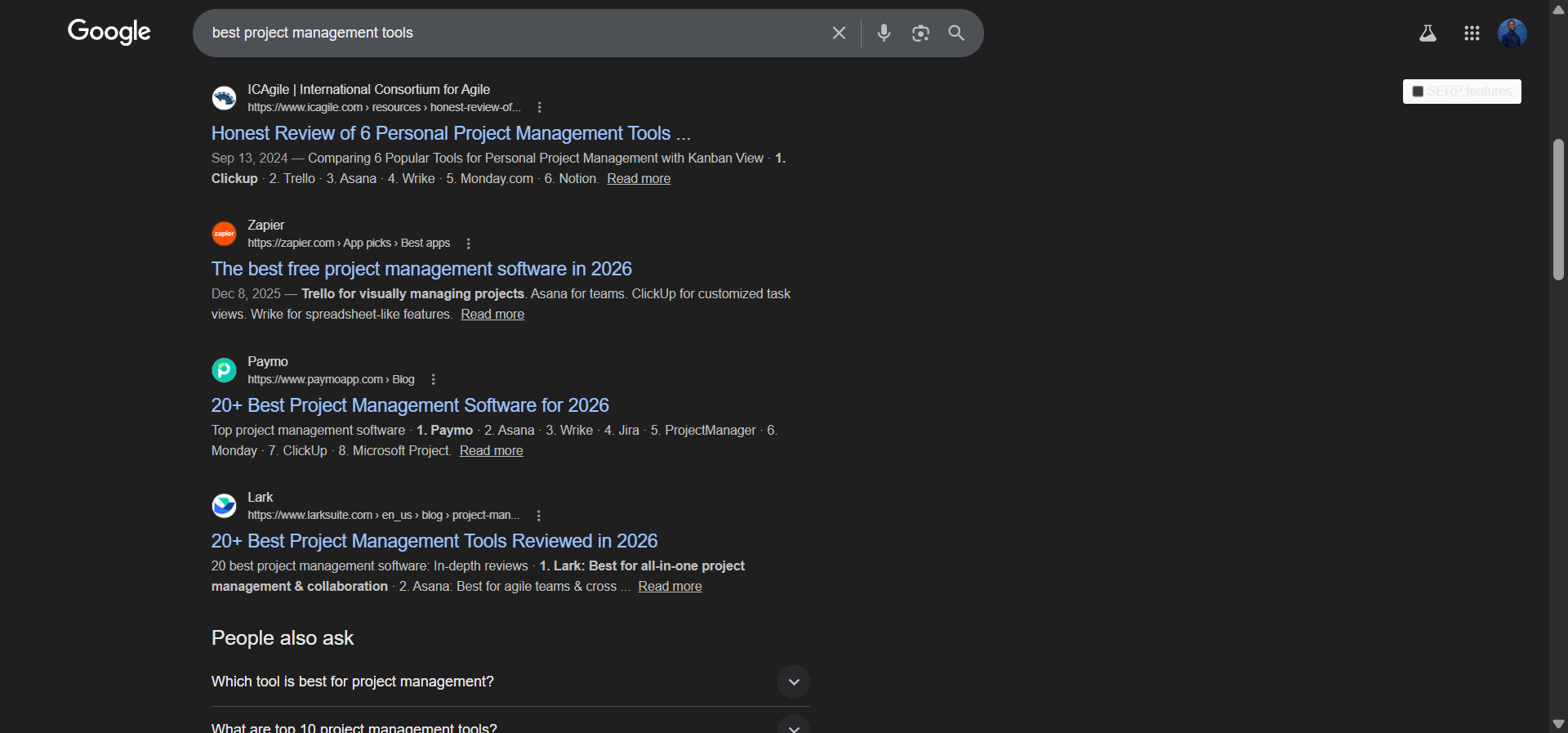 [Screenshot: Google search results for &ldquo;best project management tools&rdquo; showing listicle-style resource pages]