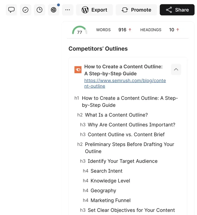 [Screenshot: Example blog post outline showing H2/H3 structure optimized for search]