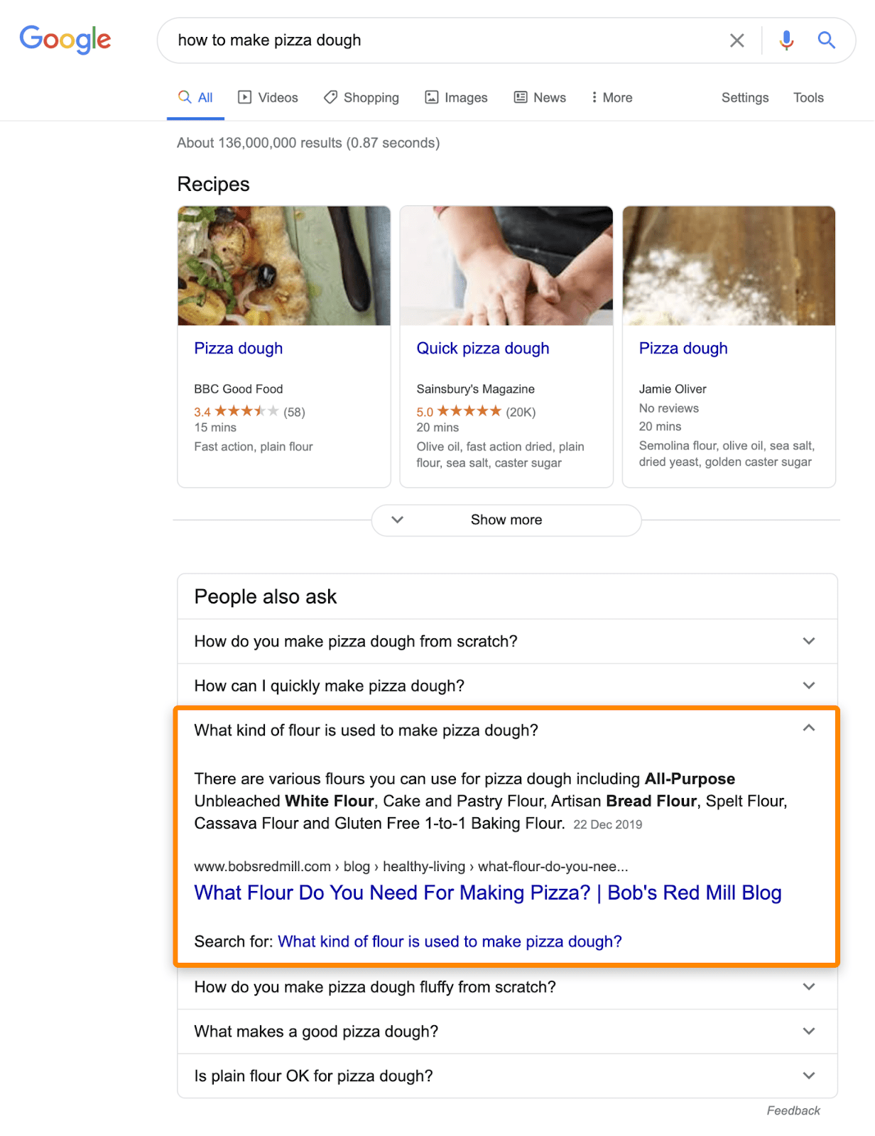[Screenshot: Google SERP showing a PAA box with four expandable questions beneath a search result, with one question expanded to show the answer and source link]