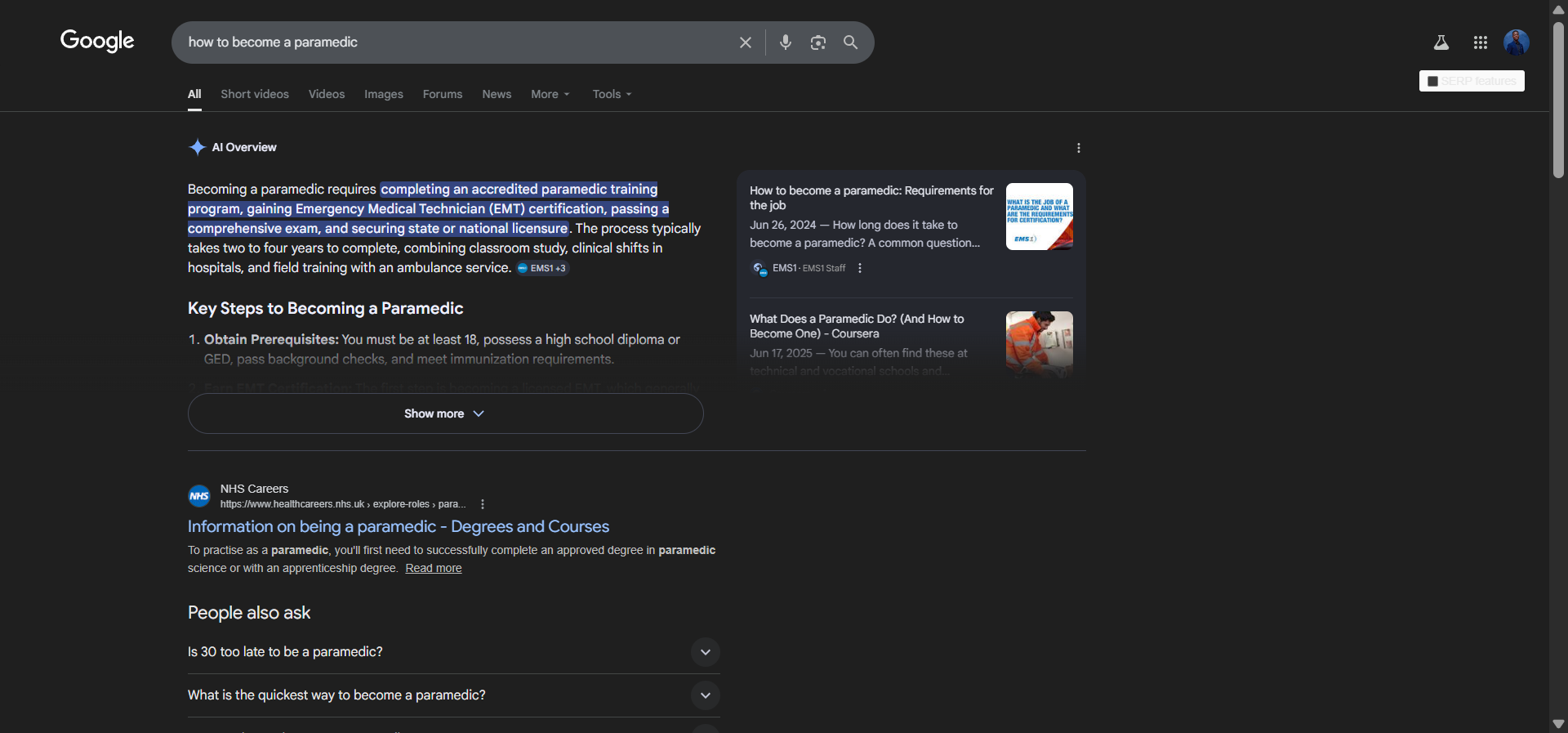 [Screenshot: SERP for &ldquo;how to become a paramedic&rdquo; showing PAA box near position #2]