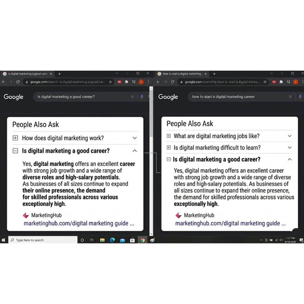 [Screenshot: The same PAA question appearing for two different search queries, both pulling from the same source URL]