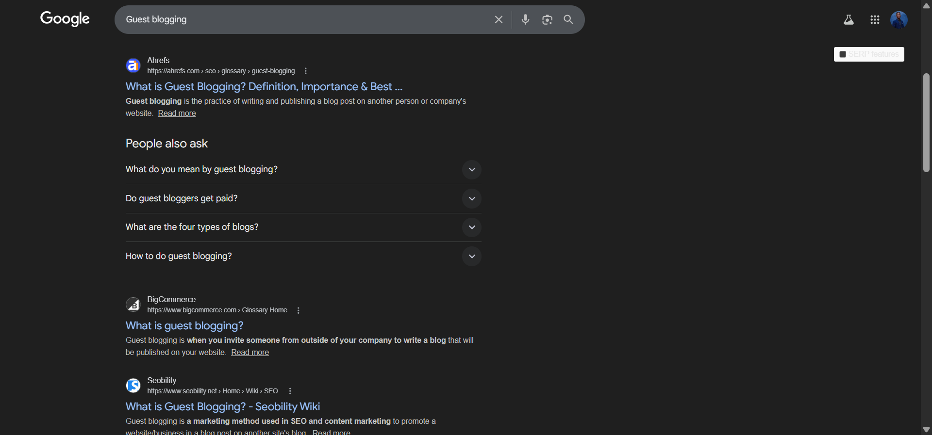 [Screenshot: PAA box for a broad topic like &ldquo;guest blogging&rdquo; showing 4-5 related questions that reveal subtopics the searcher wants addressed]
