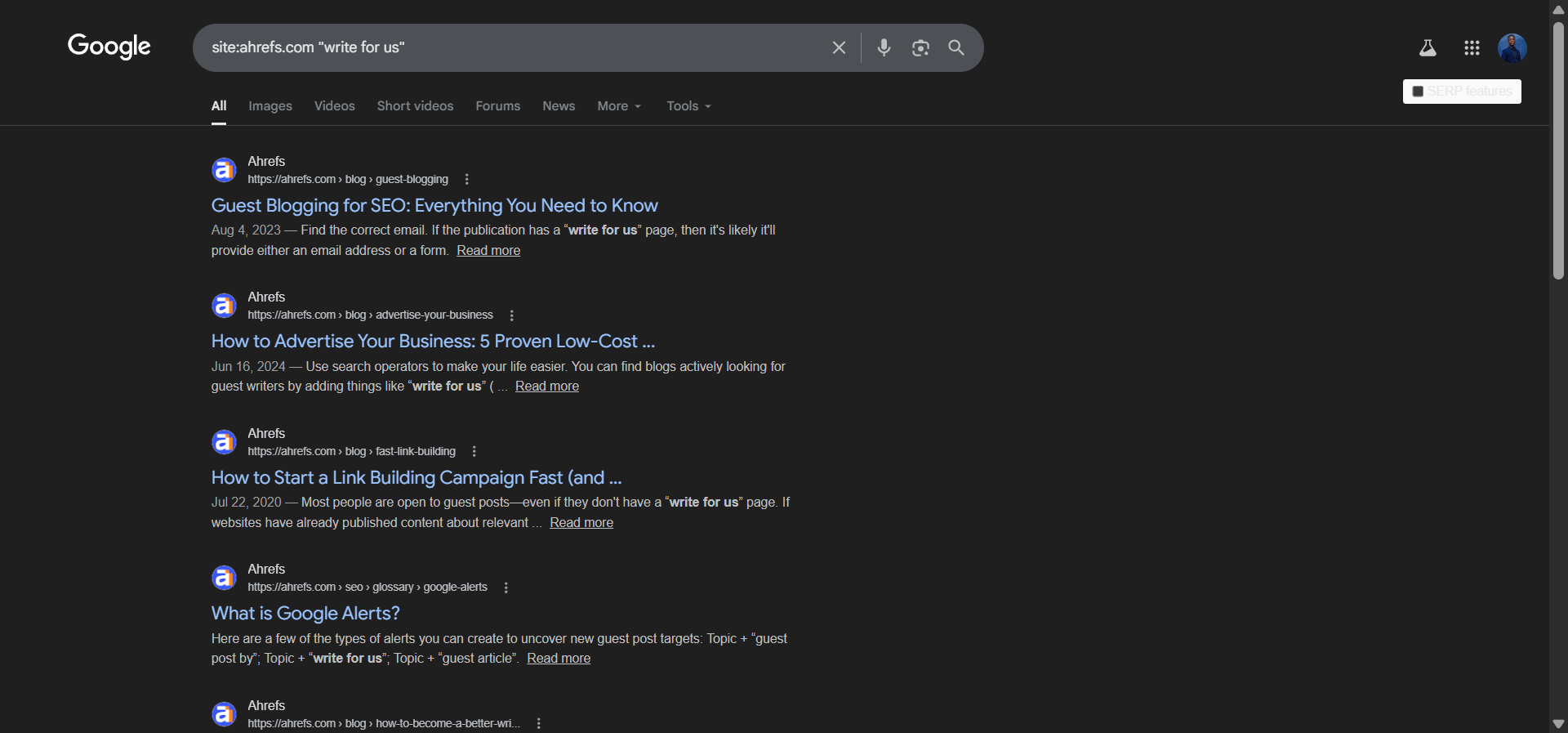 [Screenshot: Searching Google for &ldquo;write for us&rdquo; pages on a potential target site to verify they accept guest contributions]