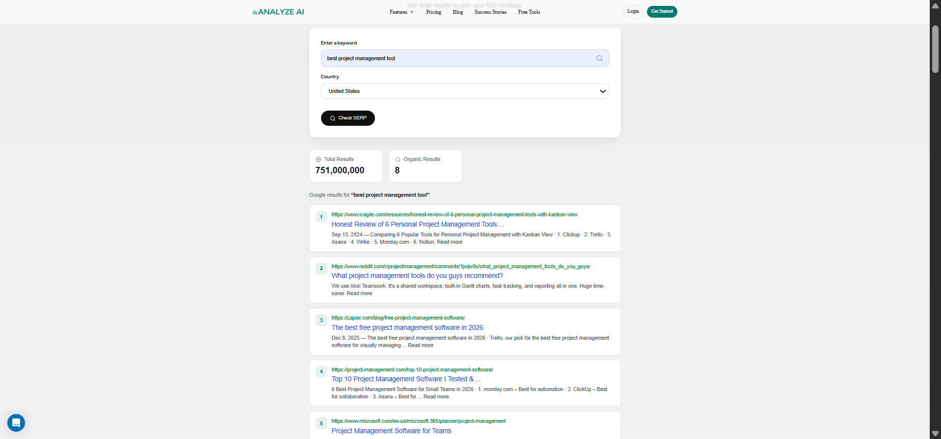 [Screenshot: Analyze AI SERP Checker showing the current SERP landscape for a competitive keyword, revealing which domains rank in the top 10]