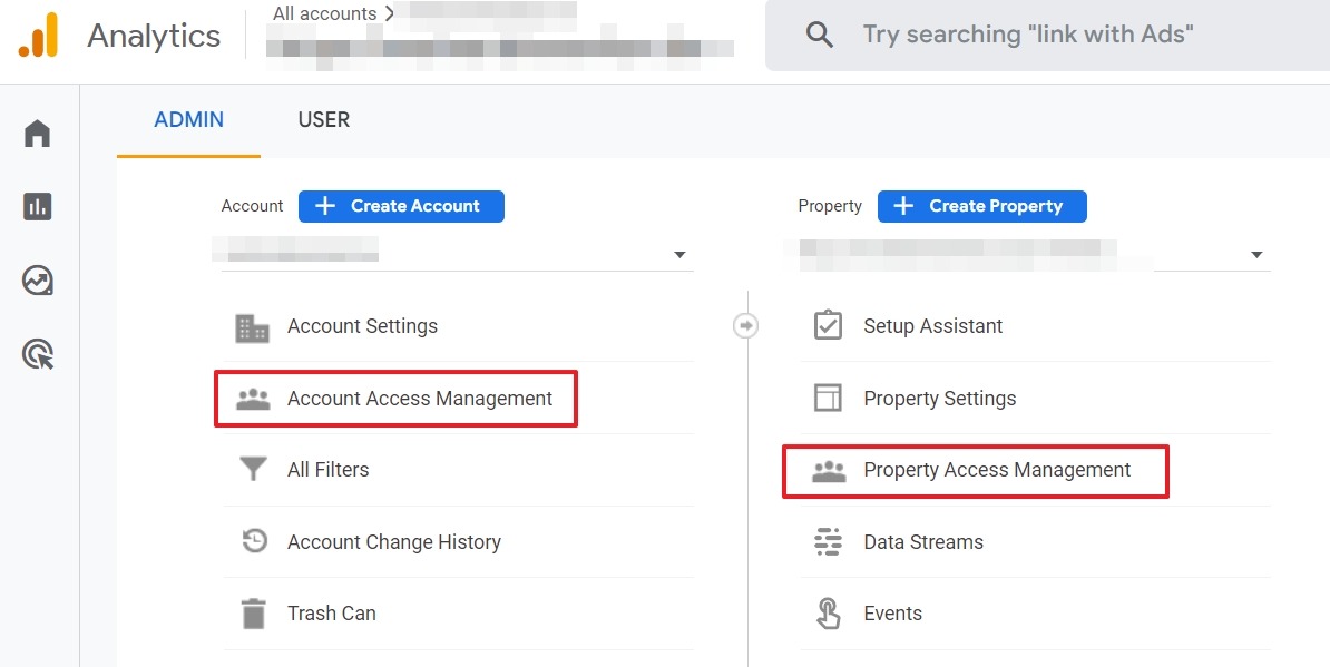 [Screenshot: Google Analytics GA4 property access settings showing how to add a user with Analyst permissions]