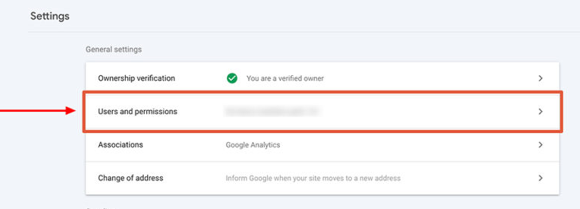 [Screenshot: Google Search Console user permissions panel showing how to verify a new user]