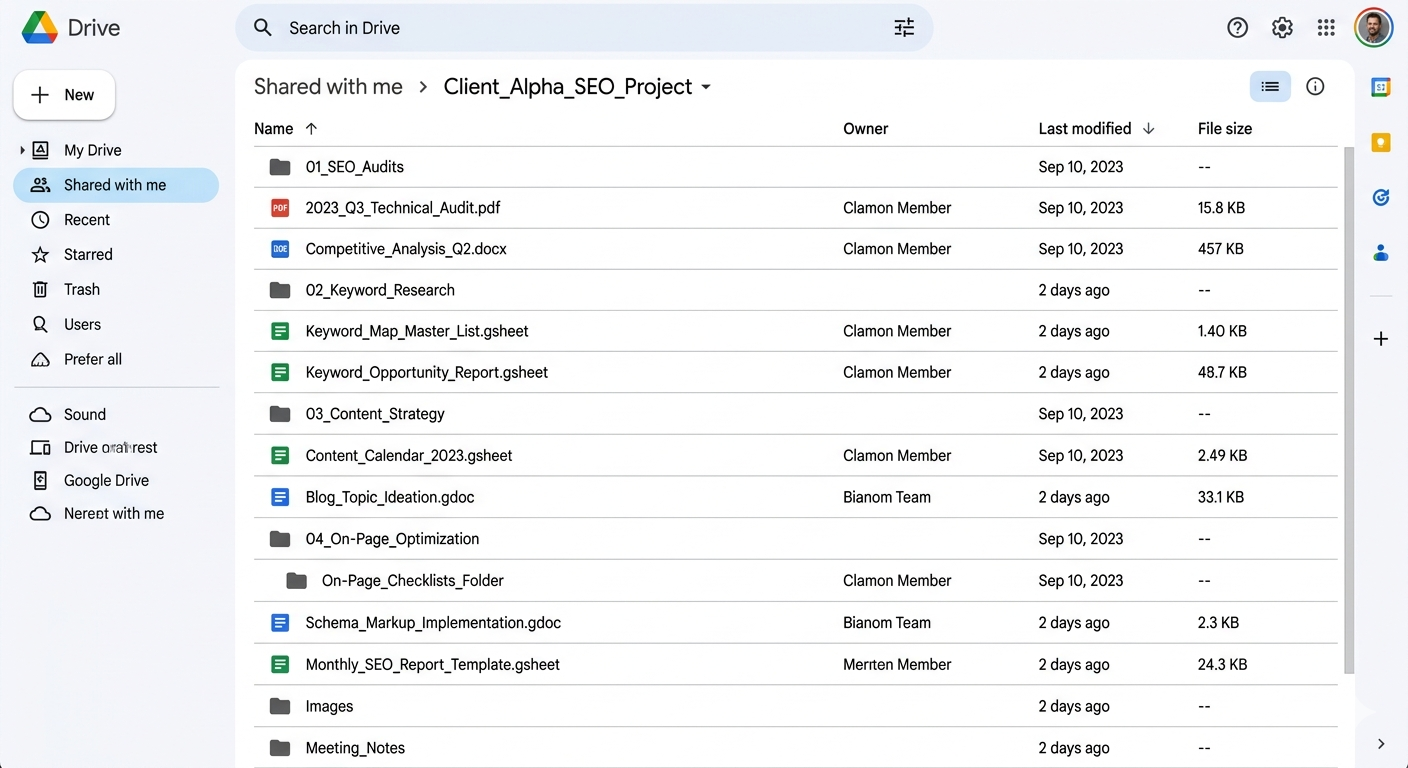 [Screenshot: Example of a shared Google Drive folder with organized SEO documentation including audit reports, keyword maps, and content calendars]