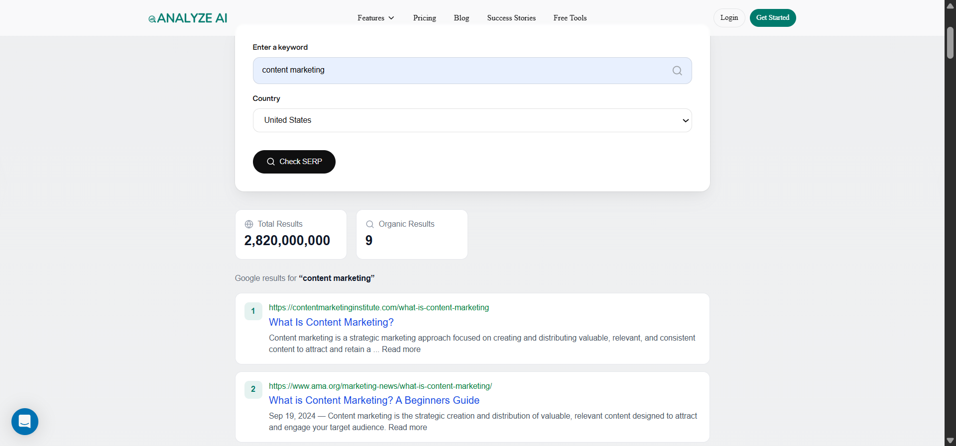 [Screenshot: SERP Checker showing the top 10 results for a keyword, with titles and URLs visible]