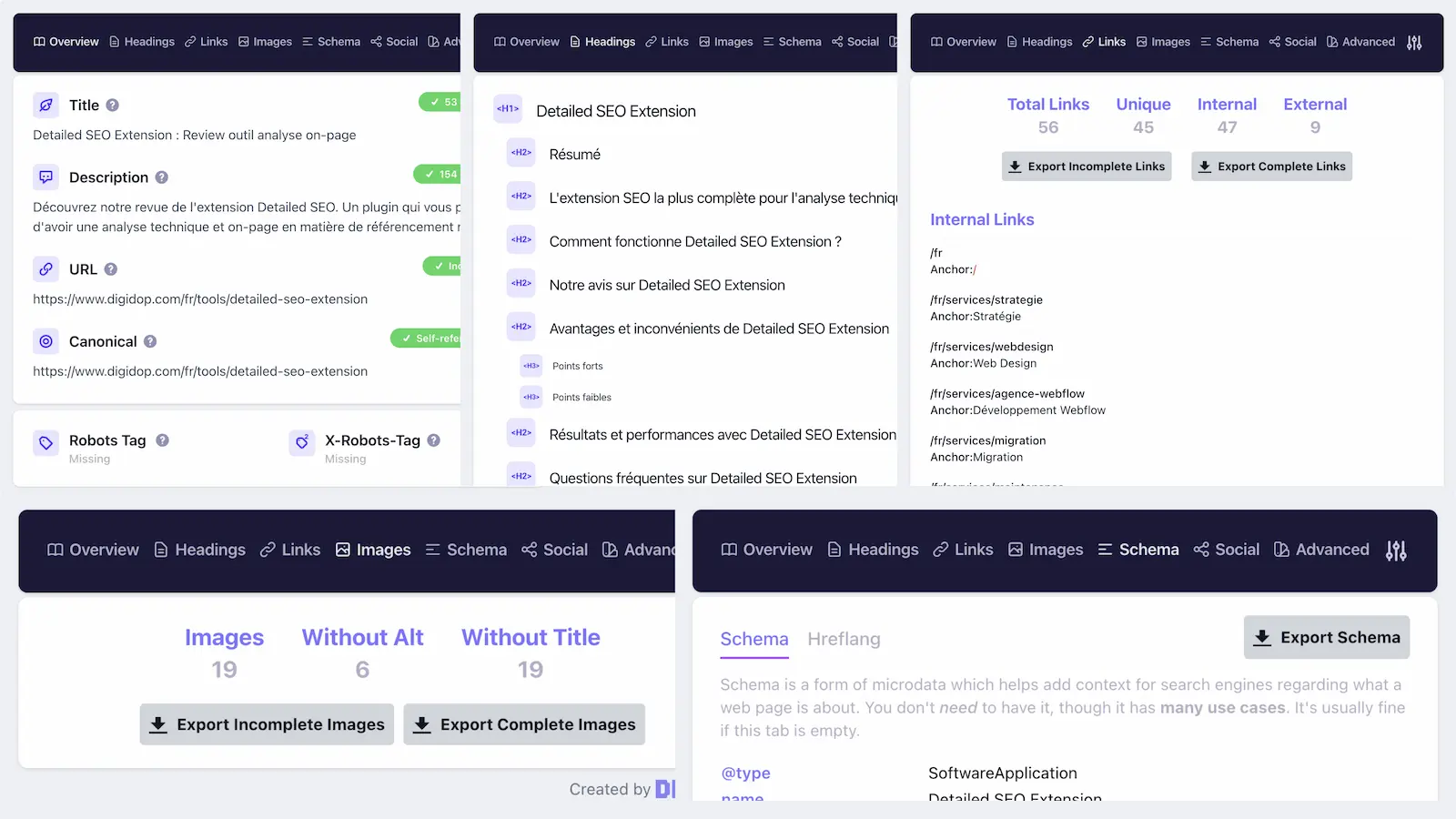 [Screenshot: Detailed SEO Extension link export panel showing all internal and external links on a page with their attributes]