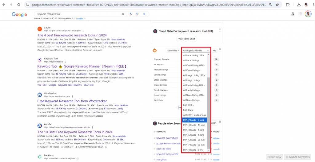 [Screenshot: SEO Minion on a Google SERP page, showing the expanded People Also Ask export feature with multiple levels of questions]