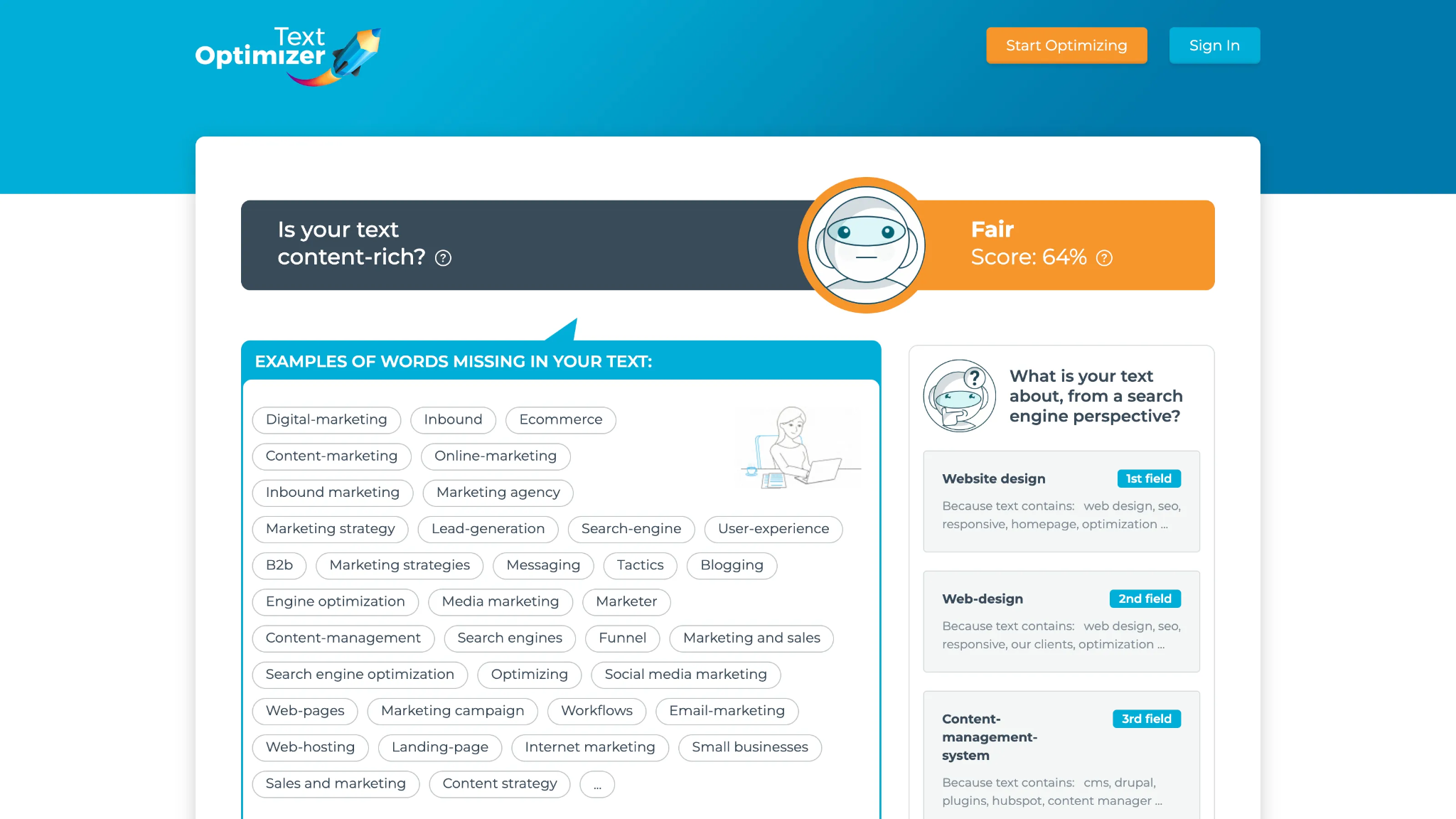 [Screenshot: TextOptimizer optimization score comparison showing a page&rsquo;s score before and after adding suggested terms]