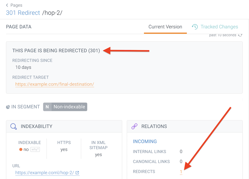[Screenshot: Link Redirect Trace showing a full redirect chain from the original URL through multiple 301 redirects to the final destination, with HTTP status codes at each step]