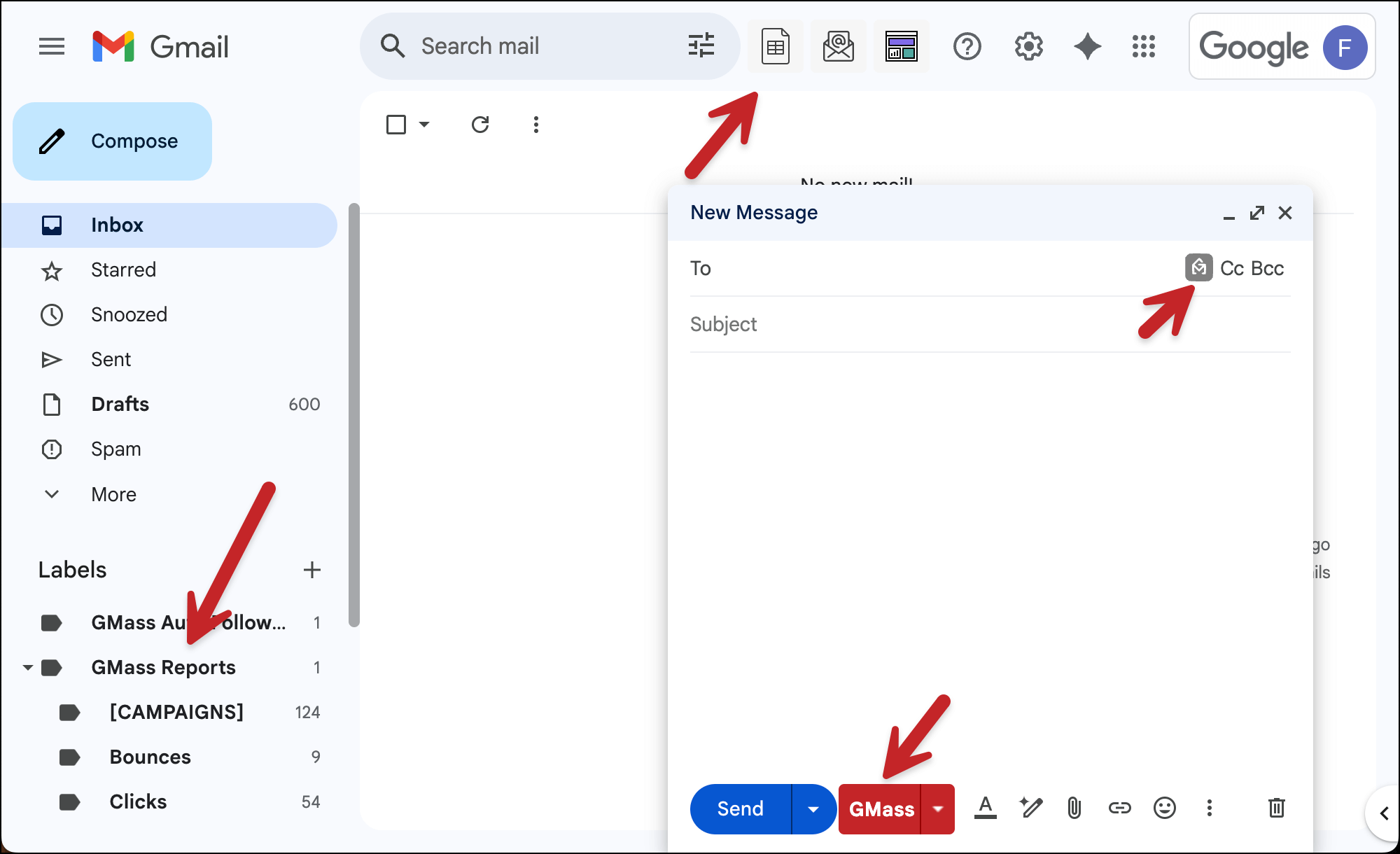 [Screenshot: GMass interface within Gmail showing a mail merge campaign setup with personalization fields, scheduling options, and open tracking toggle]