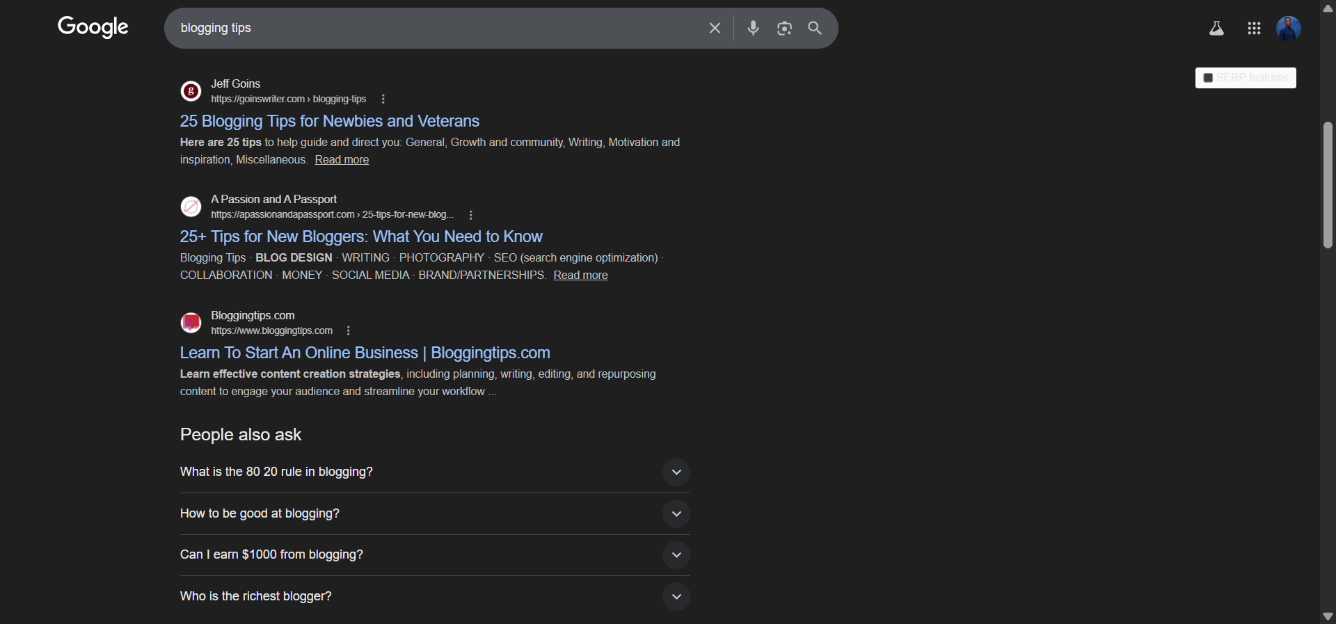 [Screenshot description: Google SERP showing top-ranking list posts for a target keyword like &ldquo;blogging tips&rdquo;]