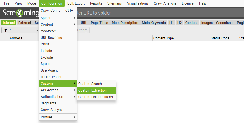 [Screenshot: Screaming Frog custom extraction configuration for product data]