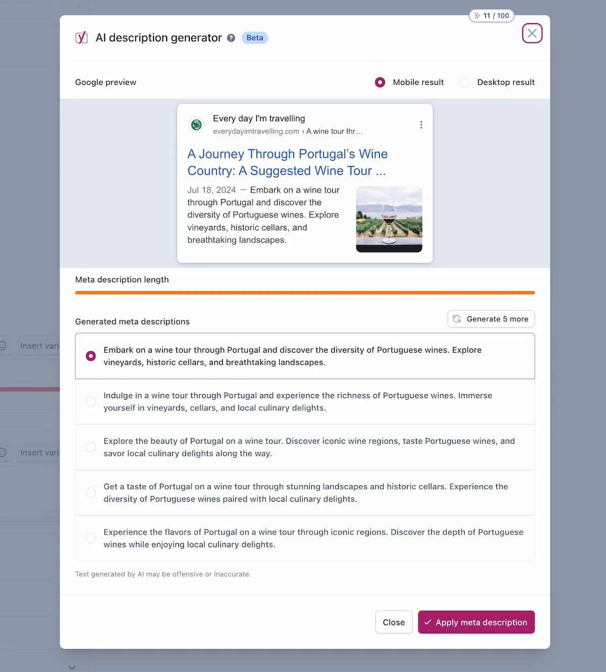 [Screenshot: Example of using an AI tool to generate product page meta descriptions]