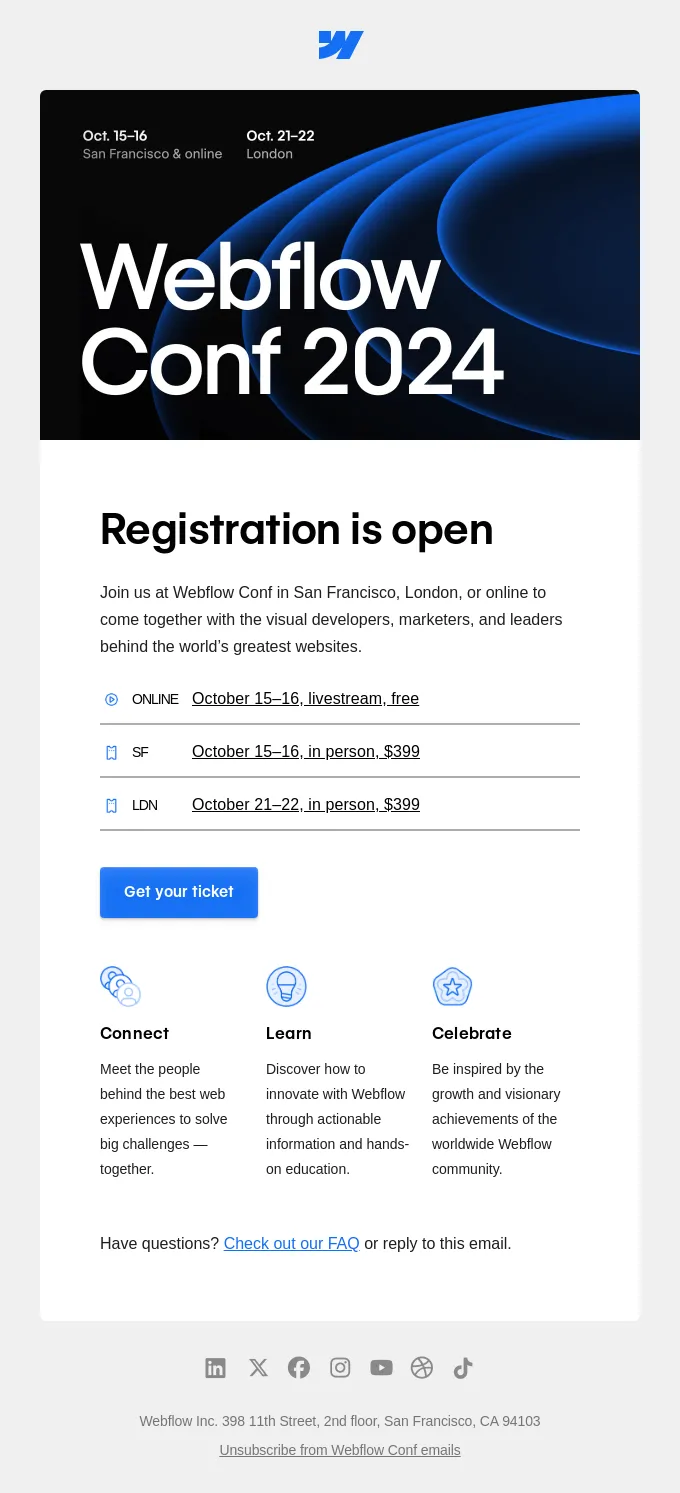 [Screenshot: Example event announcement email with event details, a hero image, and a &ldquo;Register Now&rdquo; button]