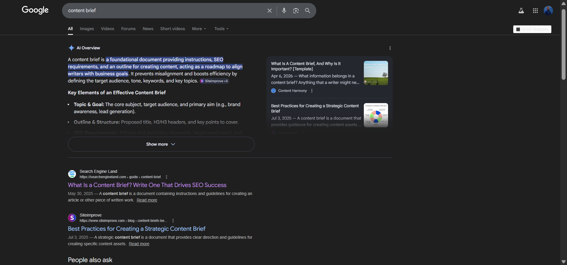 [Screenshot of Google SERP for &ldquo;content brief&rdquo; showing top-ranking article titles and their formats]