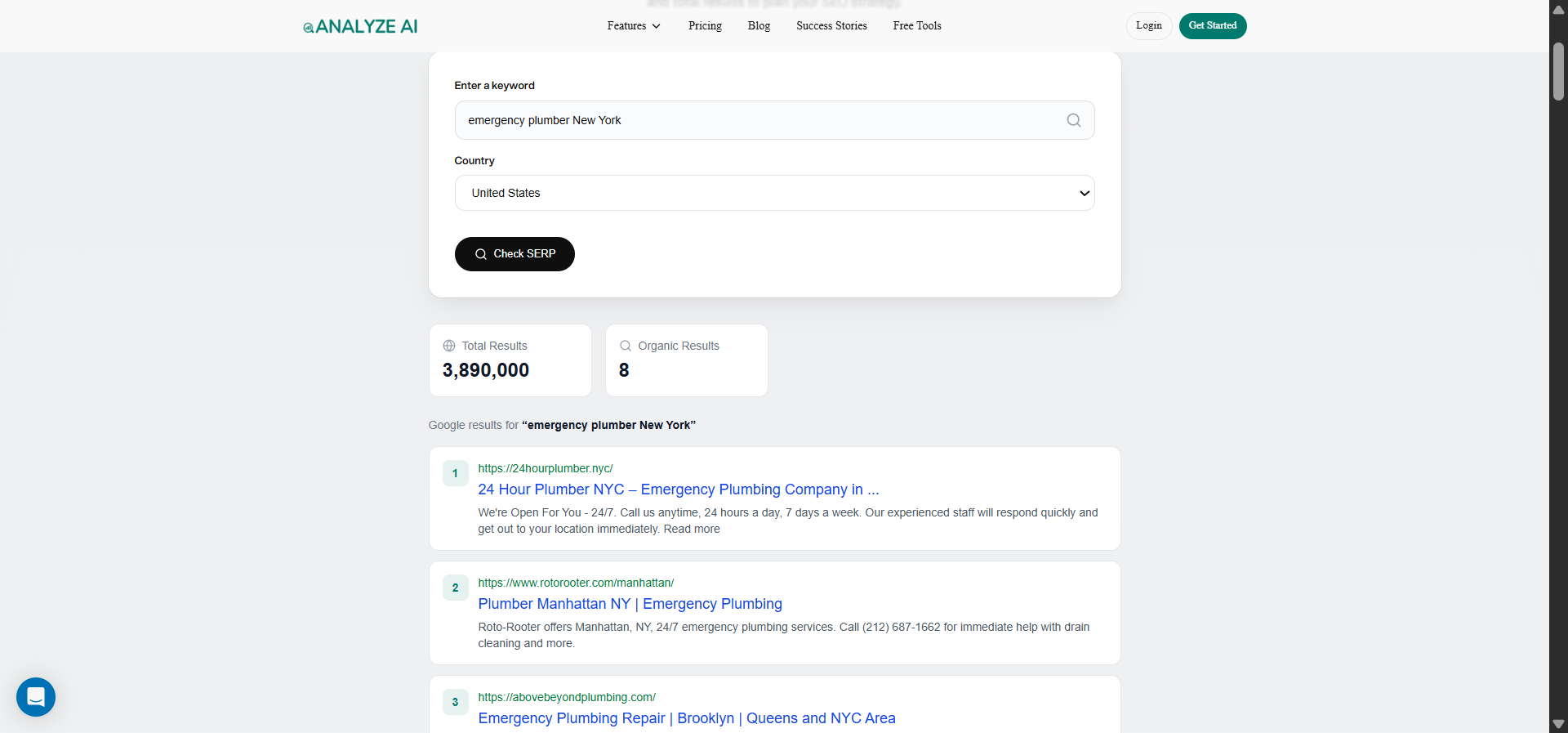 [Screenshot: Analyze AI SERP Checker showing top 10 results for a local service keyword, with domain authority and page type indicators]