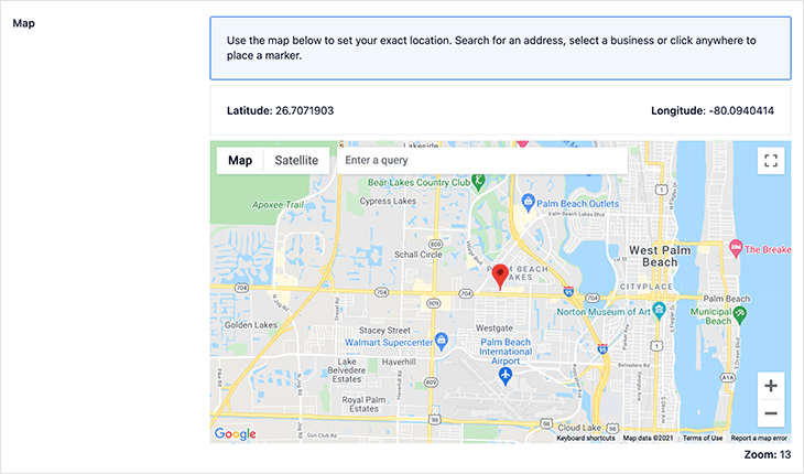 [Screenshot: Example of a Google Map embed on a location page showing a business pin with address, hours, and directions link]