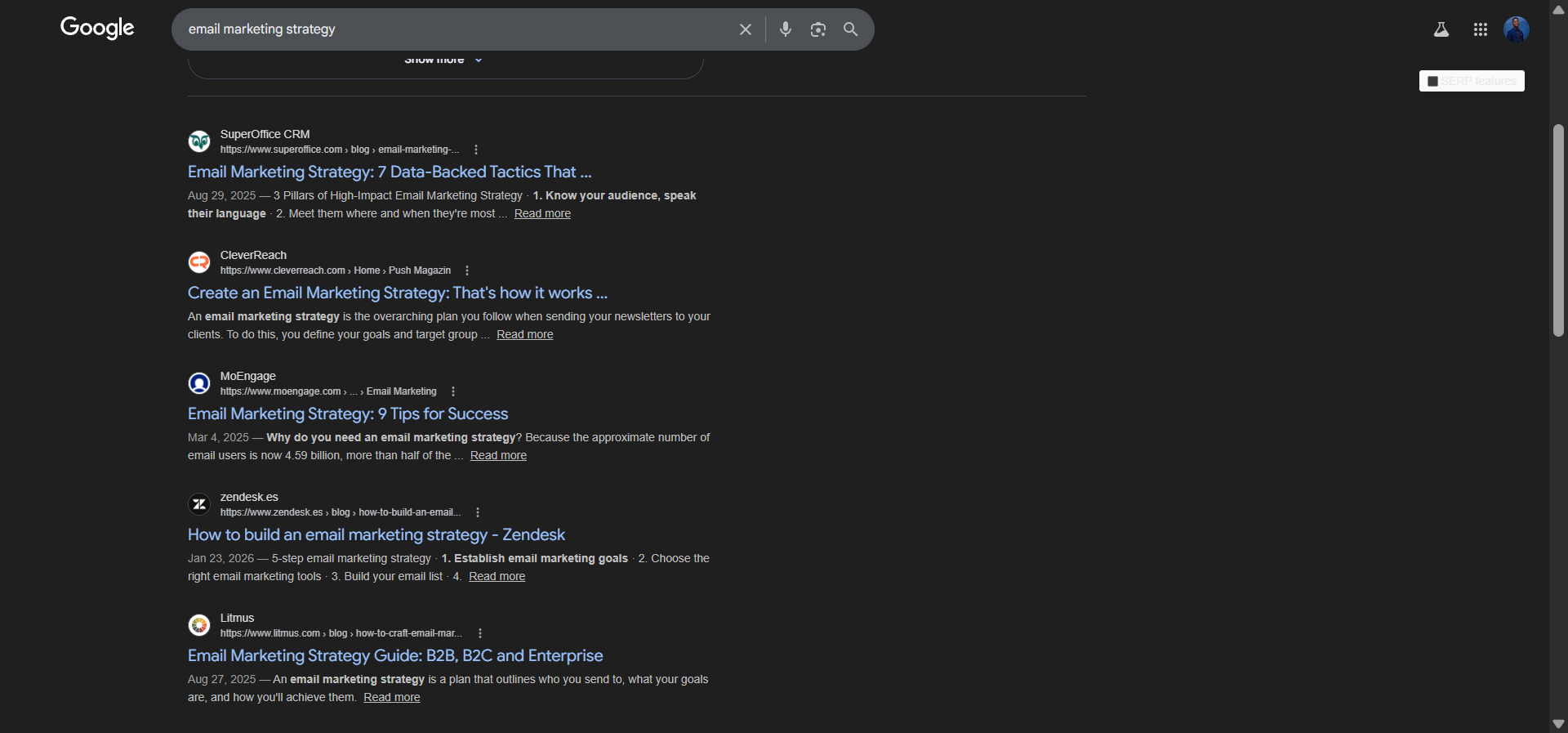 [Screenshot: Google SERP for a target keyword showing the format of the top 3 results &mdash; guides, listicles, or comparison pages]